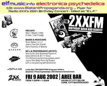 Canberra Community Radio 2XXFM Local Live Bands Musicians History ELF E.L.F. Concerts Groups Electronic Dance Music Producers Electronica Sound Artists Scene Photos Flyers Record Label Canberran Australian Night Club Nightclub DJs DJ Parties Gigs Raves Posters
