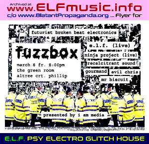Canberra Australia Live Electronic Dance Music Bands Musicians ELF the E.L.F. EYE The Green Room Woden Phillip Electronica Gigs Producers Sound Artists Groups 2000s 00s Nightclub DJs Night Clubs Canberran Club DJ Australian Flyers History Posters Photos