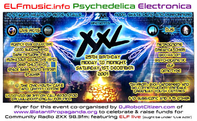 Canberra Radio 2XX FM Local Live Bands ELF E.L.F. Groups Concerts Electronica Electronic Dance Music Scene Sound Artists Producers Musicians History Photos Flyers Record Label Canberran Australian DJs DJ Night Club Parties Raves Gigs Nightclub Posters Community
